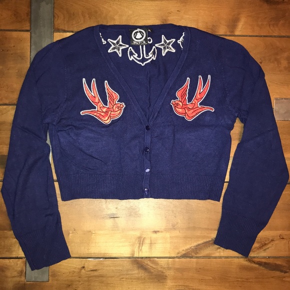 Banjo & Cake Sweaters - Navy Blue Crop Cardigan w/ Embroidered Birds/Stars